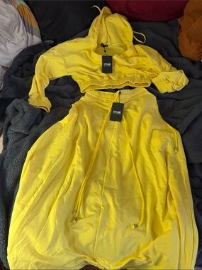 Stylewe Bright Yellow Cropped Hoodie and Skirt Set